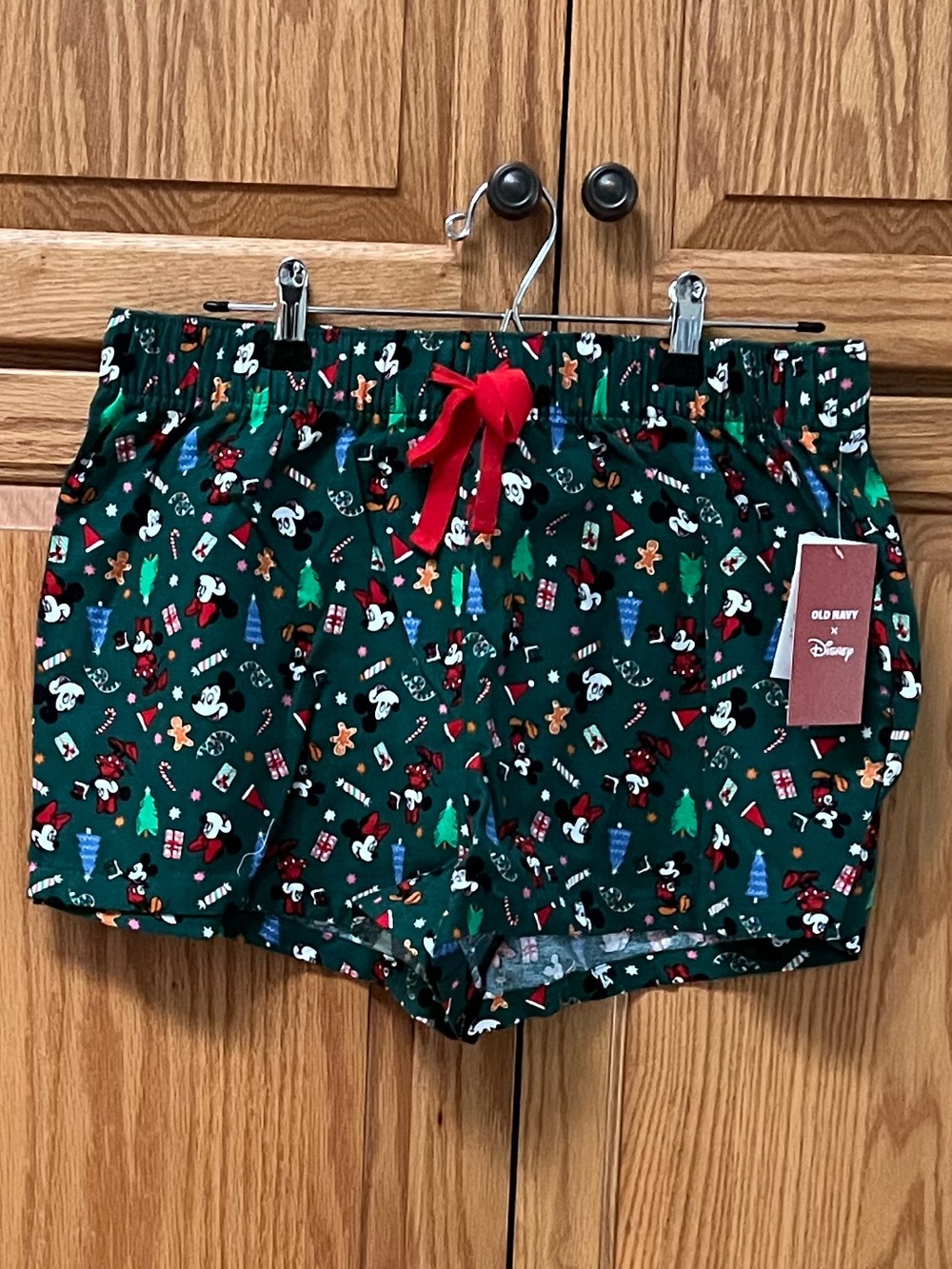 Old Navy Green Mickey Mouse Holiday Print Shorts with Red Drawstring, NWT,Size M